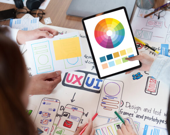 A top-down view of a diverse group of designers collaborating on UI/UX concepts, using hand-drawn sketches and a tablet displaying a color palette, symbolizing creative digital development.